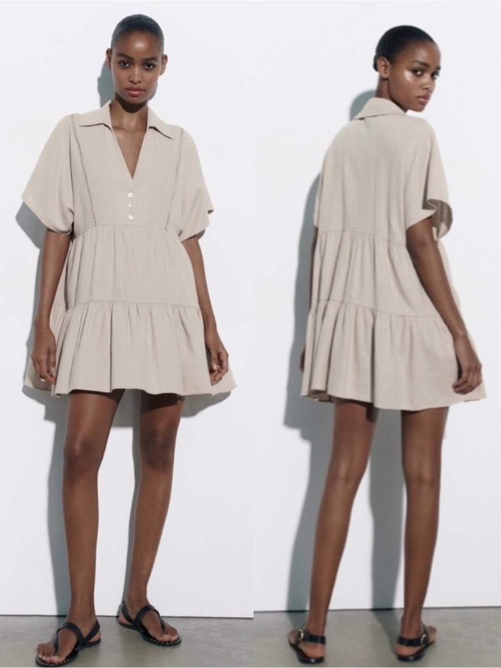 ZARA Lace Trim Linen Blend Tiered V-Neck Mini Dress with Collar | Size XS